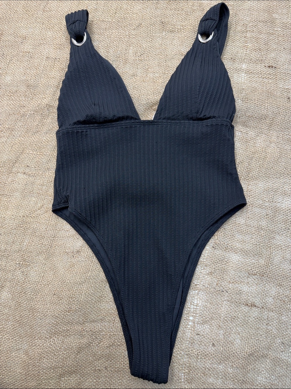 Sexy Black Ribbed Deep V One Piece Bathing Suit High Cut Monokini Sz L